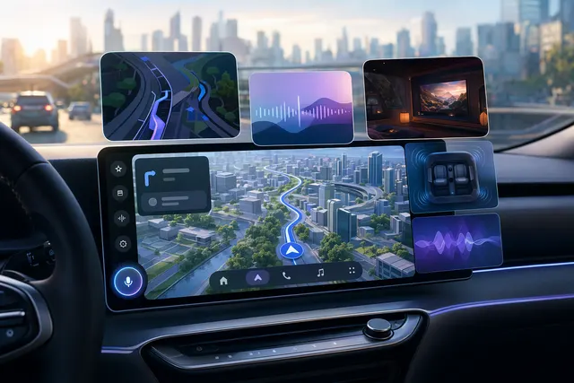 Illustration of a car dashboard running Android Auto with 3D navigation, widgets and a voice assistant interface