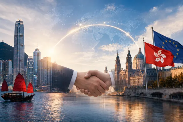 Editorial illustration representing Hong Kong and Europe strengthening economic ties through dialogue and cooperation