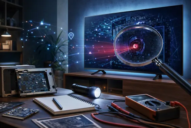 Editorial illustration of a smart TV and home-network privacy concerns