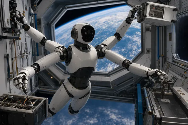 Concept illustration of HELIOS four-armed humanoid robot designed for microgravity space operations