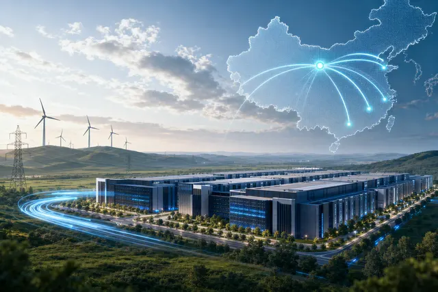 Editorial illustration of Alibaba’s Ulanqab AI data center in Inner Mongolia
