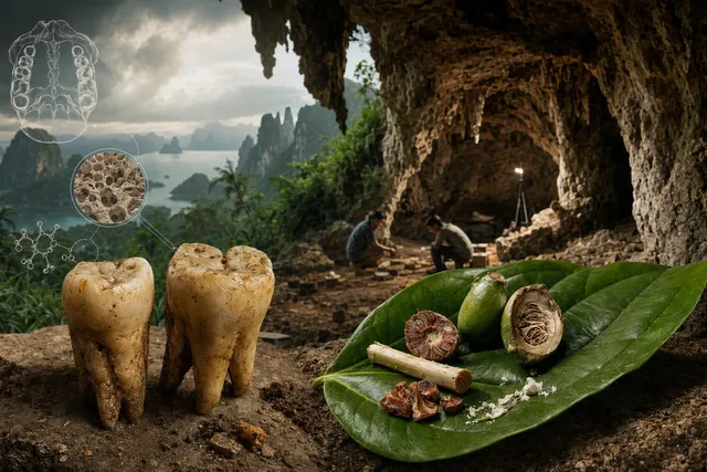 Editorial illustration of ancient teeth and betel nuts related to the Sulawesi archaeology study