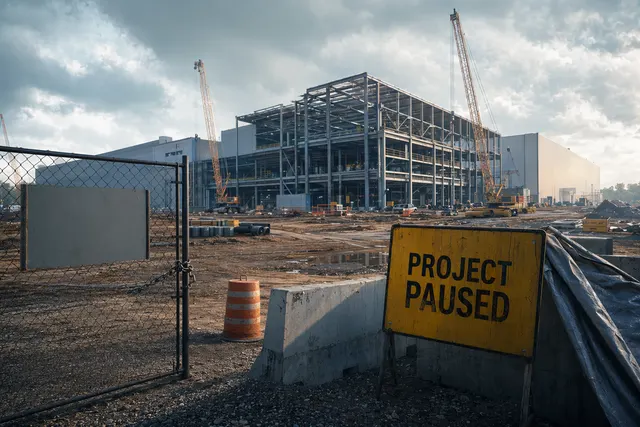 Illustration of a large electric vehicle battery factory construction site representing the paused GM and Samsung SDI plant in Indiana