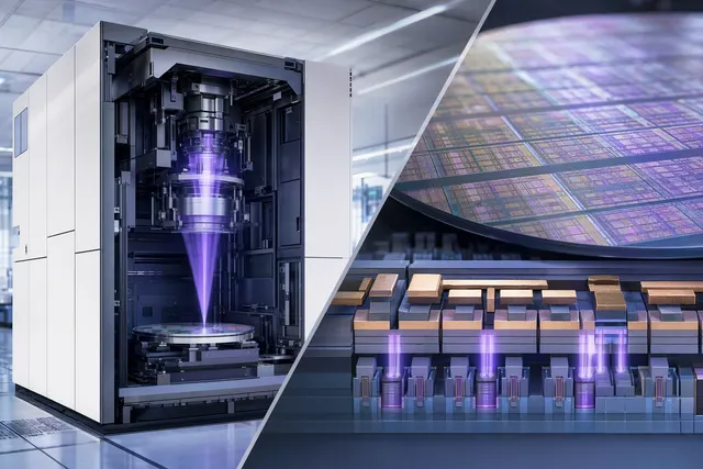 Illustration of ASML High‑NA EUV lithography machine printing advanced semiconductor patterns
