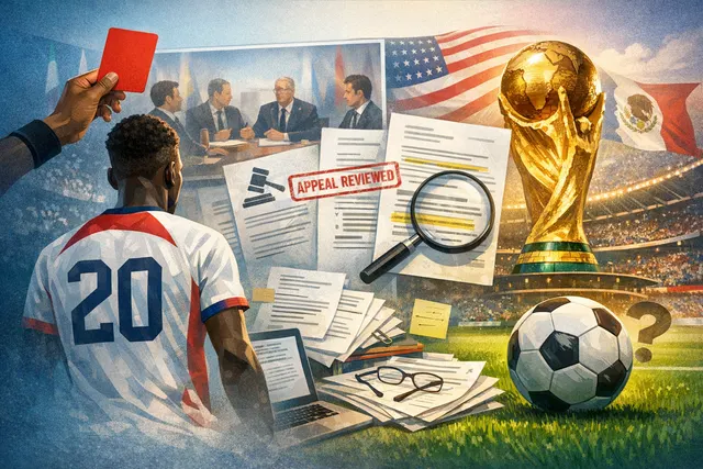 Folarin Balogun of the USMNT in action at the 2026 FIFA World Cup, with a red card graphic overlay symbolizing the controversy around his suspension reversal.