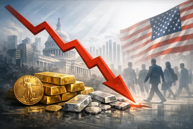 Gold bars and silver coins beside a downward-trending stock chart with a crashed market backdrop