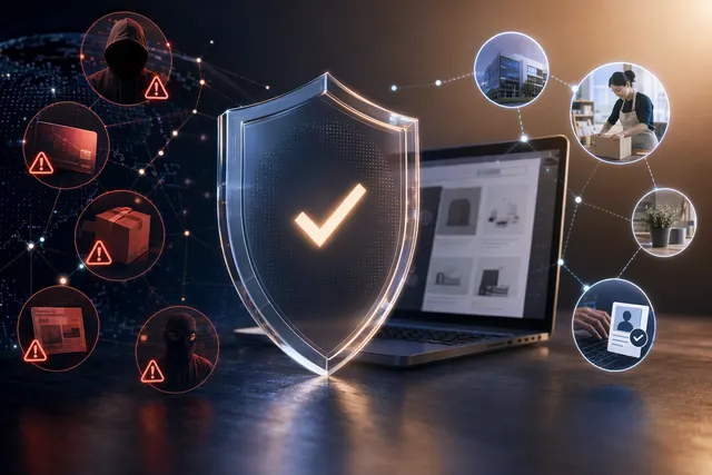 Illustration representing Mastercard Merchant Trust Services fraud detection monitoring scam merchants