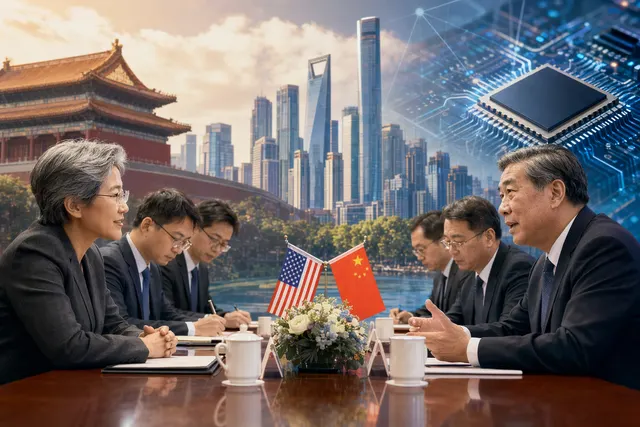 Illustration of AMD CEO Lisa Su and Chinese Vice Premier He Lifeng meeting amid semiconductor and AI industry themes