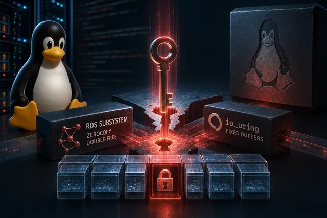 Illustration of Linux kernel privilege escalation exploit involving RDS and io_uring memory manipulation
