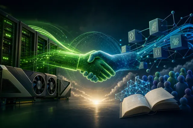 Editorial illustration representing Nvidia’s proposed acquisition of Hugging Face and the open AI developer ecosystem