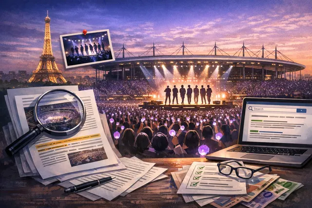 AI-generated editorial hero image for BTS's Paris concerts and World Cup Final halftime show in July 2026