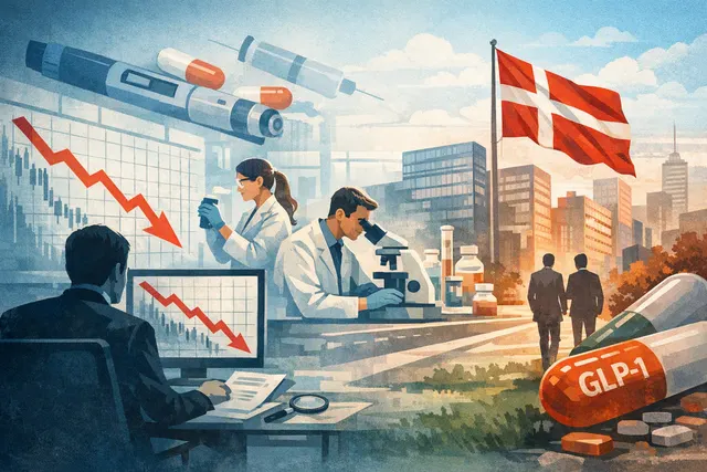 Editorial illustration of Novo Nordisk facing a Deutsche Bank downgrade amid GLP-1 competition and growth concerns