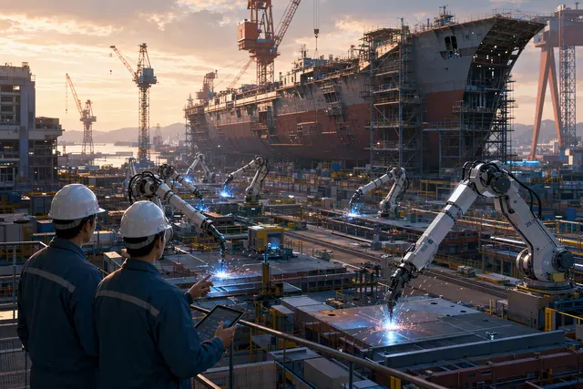 How are South Korean and Japanese shipbuilders using robots to address labor shortages, aging workforces, long order backlogs and competitio