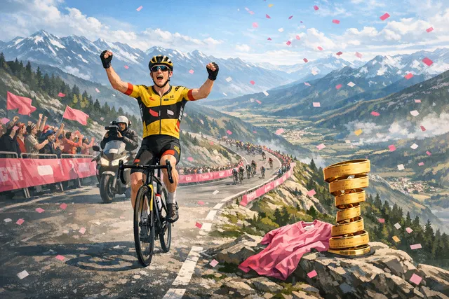 Jonas Vingegaard celebrating a solo stage victory on the Piancavallo climb at the 2026 Giro d'Italia, sealing his historic overall win.