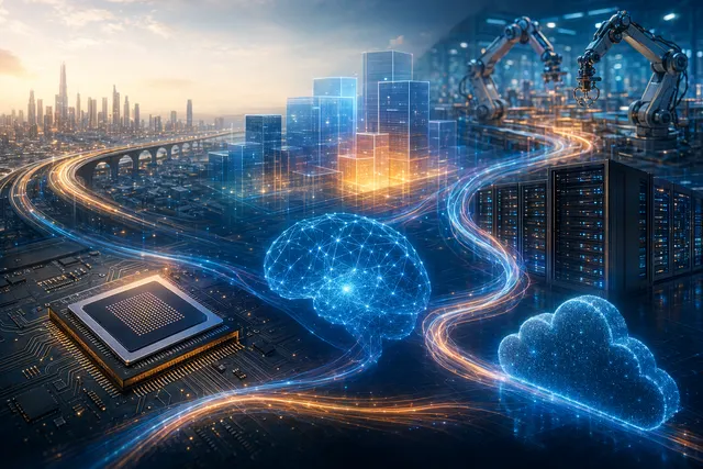 Illustration representing Alibaba’s full‑stack AI ecosystem including cloud infrastructure, chips, and foundation models