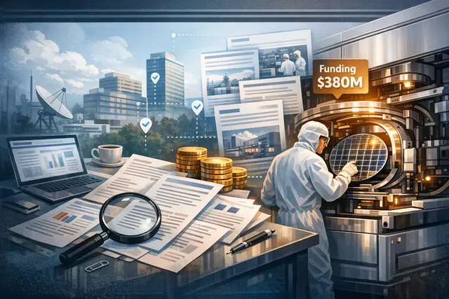 Conceptual illustration of a semiconductor wafer undergoing nanoscale inspection by atomic force microscopy probes, representing metrology technology for advanced chip manufacturin