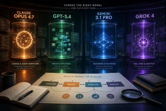 Claude Opus 4.7 與 GPT-5.4、Gemini 3.1 Pro、Grok 4 的任務型模型比較示意圖