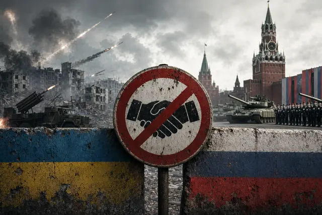 AI-generated editorial illustration about Ukraine rejecting Russia’s Victory Day ceasefire