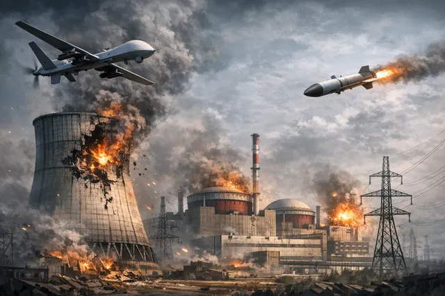 Illustration showing a nuclear power plant at night with warning symbols and a drone overhead, representing nuclear safety risks highlighted by Dmitry Medvedev's threats following