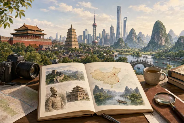 AI-generated editorial illustration for a first-time China trip planning guide