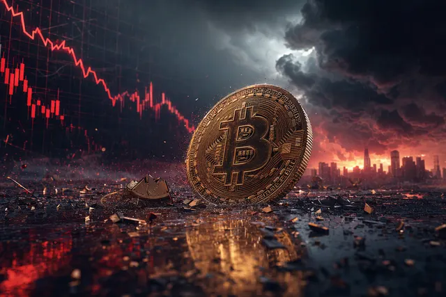 AI-generated illustration of Bitcoin imagery against a tense market backdrop