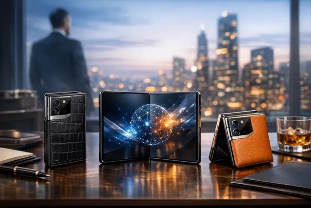 Vertu Alphafold luxury foldable smartphone with gold accents displayed on a dark surface