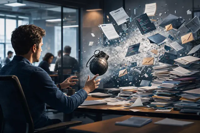 Editorial illustration about unreviewed AI-generated work being passed between colleagues
