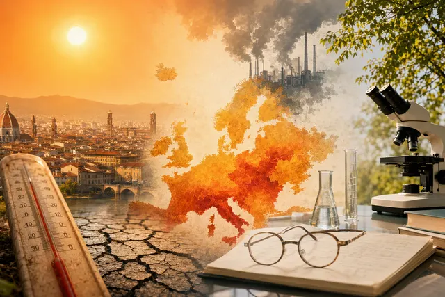 Editorial illustration accompanying a report on Europe’s 2026 summer heat and mortality estimates.