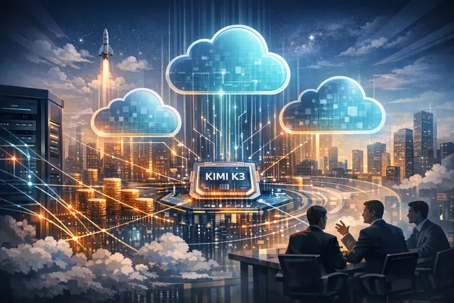 Editorial illustration of Moonshot AI’s Kimi K3 model connecting to Microsoft Azure, Amazon Web Services and Google Cloud