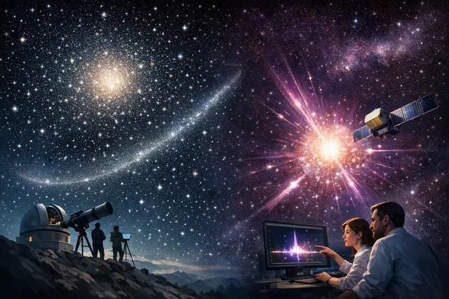 Conceptual illustration of a faint stellar stream around a distant galaxy alongside a gamma-ray signal used to investigate dark matter