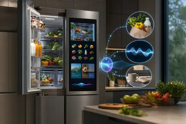 Smart refrigerator in a modern kitchen showing AI food-recognition and daily widget panels on its screen
