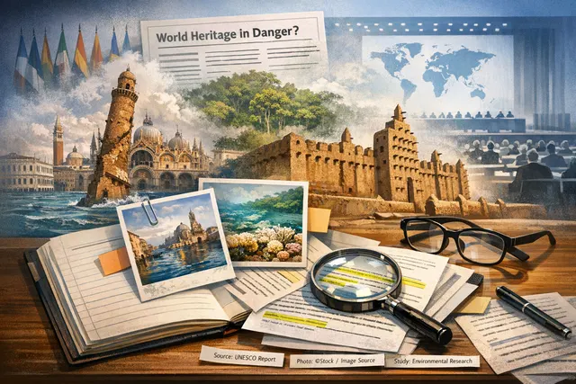 UNESCO World Heritage in Danger session with flags and heritage sites