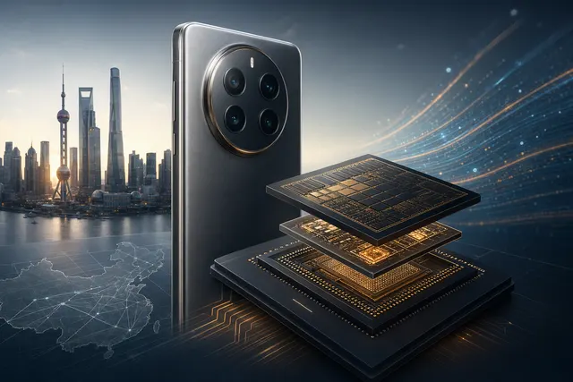 AI-generated conceptual illustration of a premium smartphone beside a layered chip design, suggesting Huawei’s Mate 90 and LogicFolding architecture.