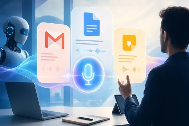 Illustration of Gemini-powered voice features in Gmail, Google Docs, and Google Keep