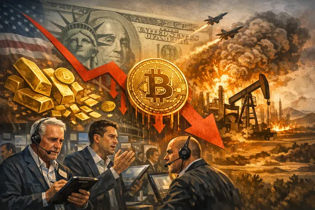 A split visual showing a gold bar and a Bitcoin coin both trending downward against a backdrop of a military conflict and rising oil prices
