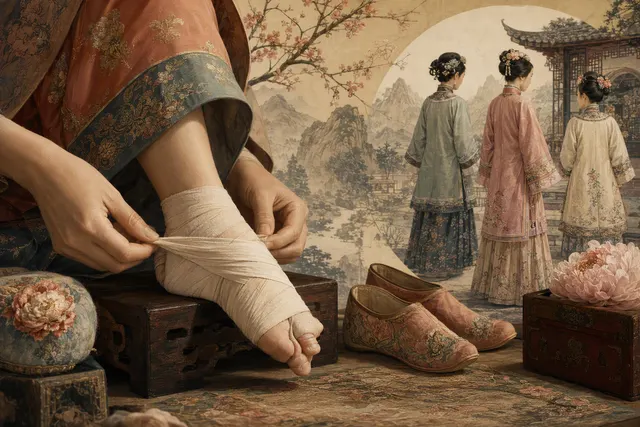 Editorial illustration for an article about the history of foot-binding in China