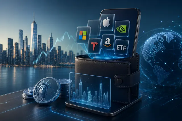 Illustration of a crypto wallet trading tokenized stocks and ETFs through blockchain infrastructure