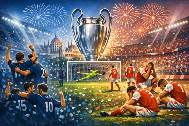 PSG players celebrating with the Champions League trophy after their penalty shootout victory over Arsenal at the Puskás Aréna in Budapest.