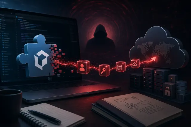 Illustration of a compromised developer tool extension stealing credentials from a code editor environment