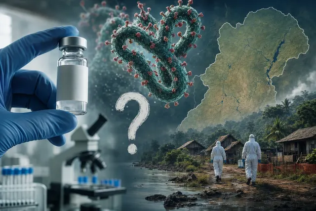 Editorial illustration of Ebola vaccine research and outbreak response in the Democratic Republic of the Congo