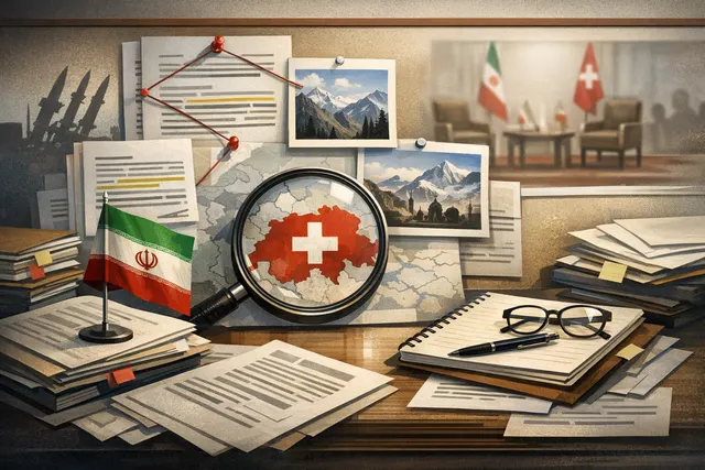 Diplomatic document and globe illustration representing US-Iran negotiations and the suspended Switzerland talks