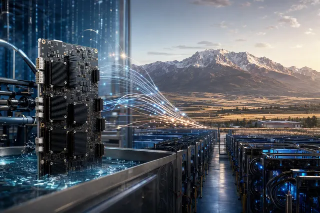 AI-generated editorial illustration of immersion-cooled bitcoin mining hardware