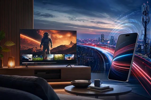Illustration representing VodafoneThree’s Vodafone TV and SuperMobile 5G+ launch in the UK