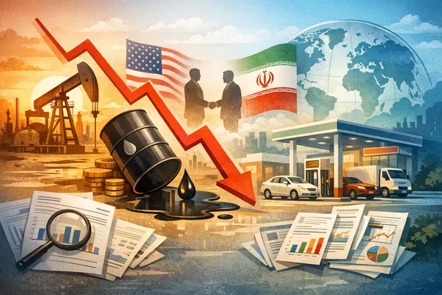 Abstract illustration of a fuel pump with a downward pointing arrow, representing falling fuel prices after the US-Iran peace deal.
