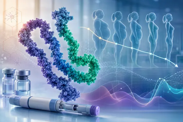 Illustration representing weight‑loss injections and metabolic hormone pathways linked to retatrutide obesity drug research