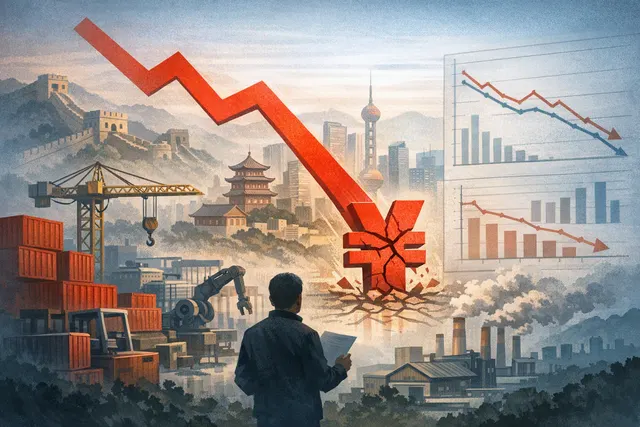 Editorial illustration of China’s slowing economy, weakening domestic demand and pressure for targeted stimulus