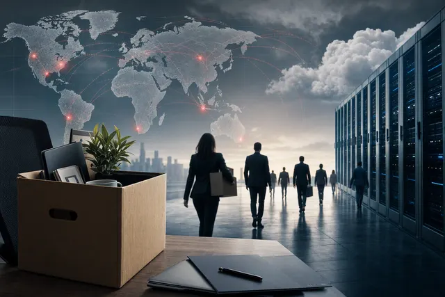 AI-generated editorial illustration accompanying coverage of Oracle’s September 2026 layoffs