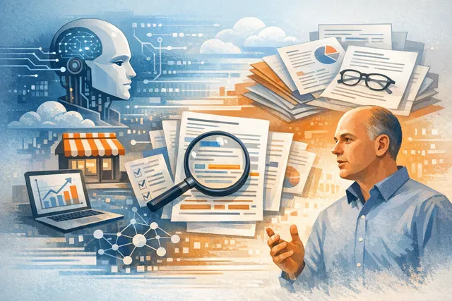 Digital abstract of a small storefront disappearing into a swarm of AI bot icons, symbolizing the threat AI agents pose to small business visibility online.