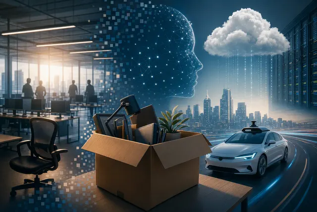 Editorial illustration representing technology-sector restructuring and layoffs tied to AI, cloud infrastructure, and robotaxis