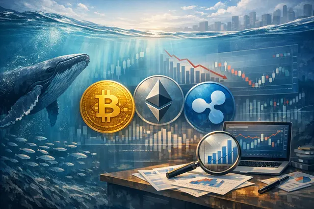 A conceptual image of a giant whale swimming through digital ocean waters, with glowing Bitcoin, Ethereum, and XRP symbols in the background, representing whale accumulation in the